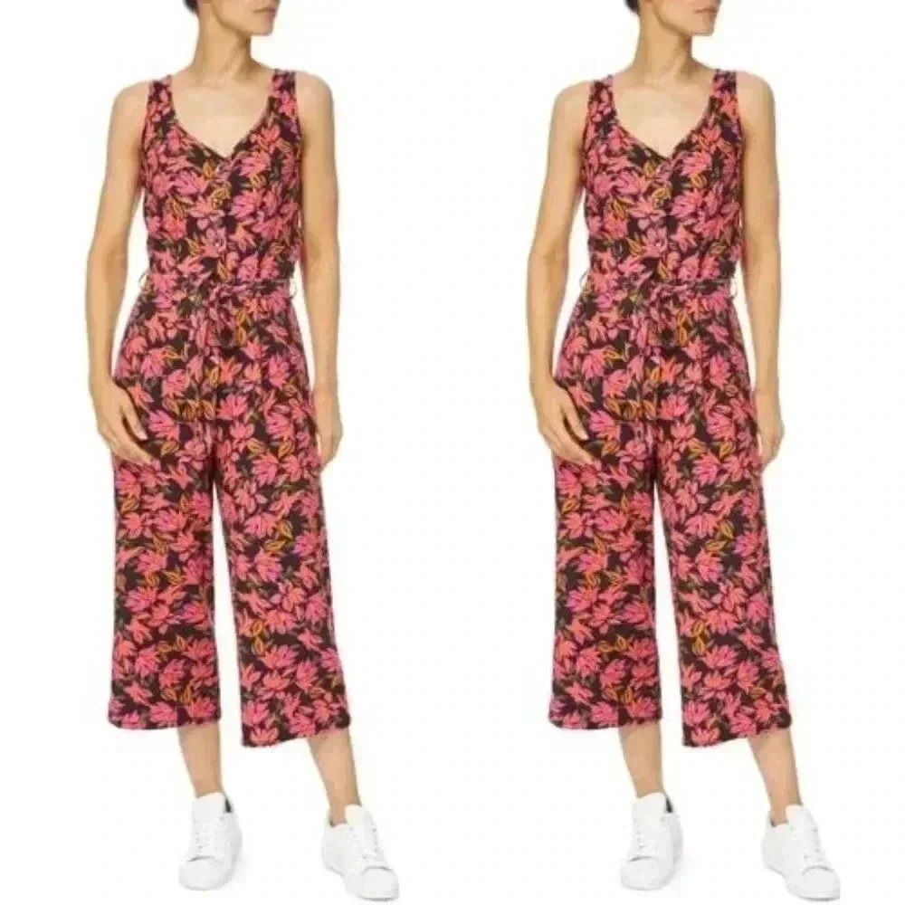 Kensie Tropical Floral Coral Combo Jumpsuit Size Large NWT $68